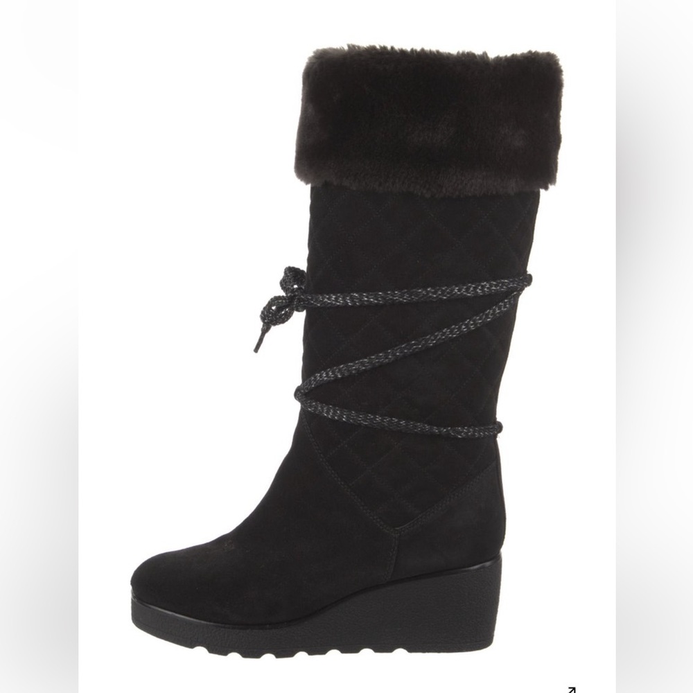 MARC JACOBS Black Quilted Suede Faux Fur Platform Wedge Tall Boots | Size 37